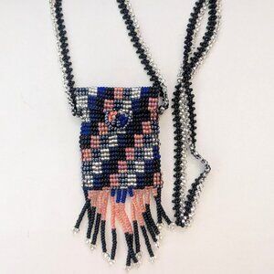 Southwestern Beaded Medicine Bag Blue Black Salmon Necklace